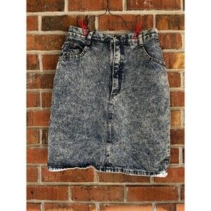 VTG 80s 90s..ACID WASH BLUE DENIM MINI PENCIL SKIRT HIGH WAIST SZ XS 12 Inch